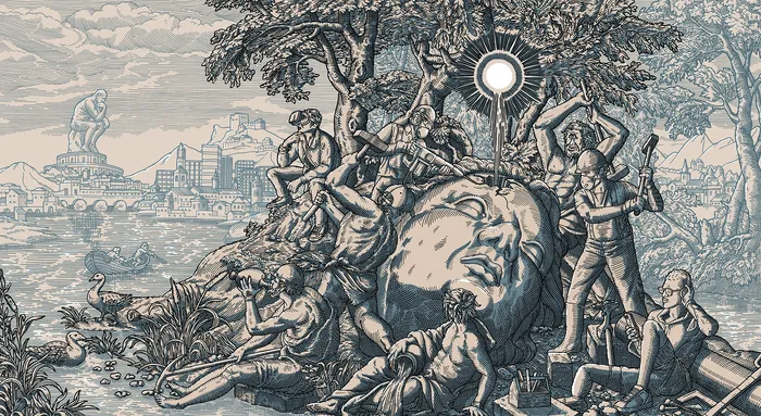 Renaissance-style engraving of a giant head surrounded by people near a lake