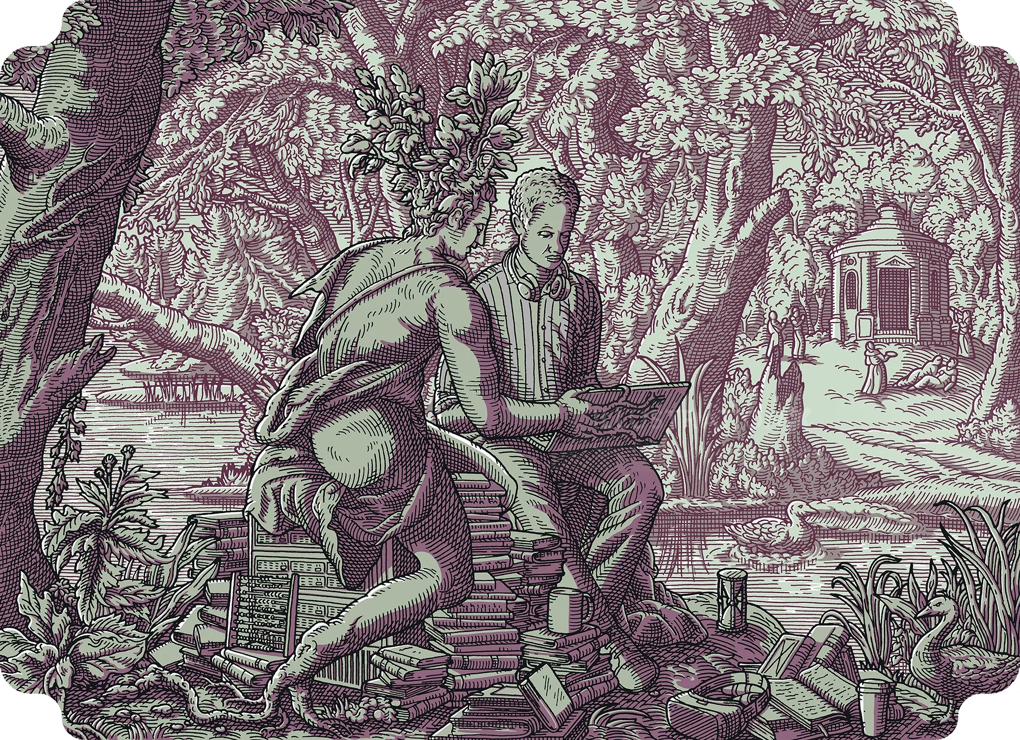 Two figures reading and discussing surrounded by books in a forest