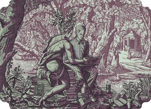 Two figures reading and discussing surrounded by books in a forest