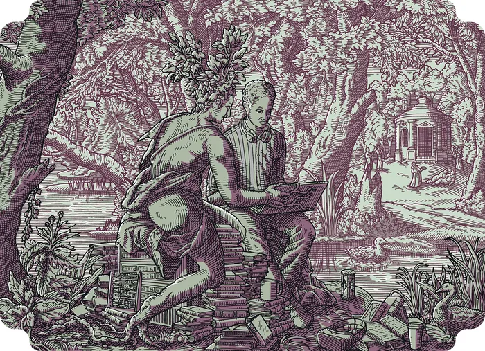 Two figures reading and discussing surrounded by books in a forest