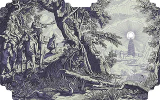 People observing a sacred light near an ancient tree and tower