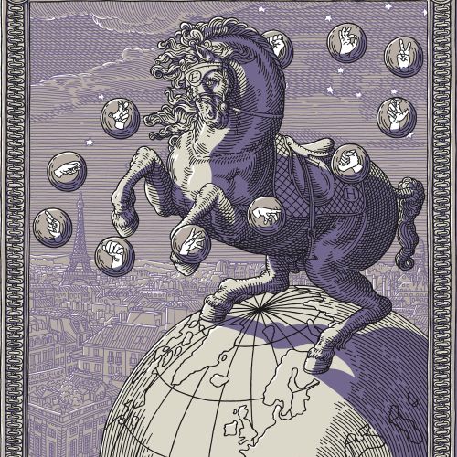 Illustration of a horse standing on a globe with floating spheres around