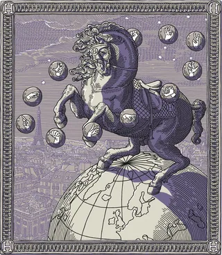 Illustration of a horse standing on a globe with floating spheres around