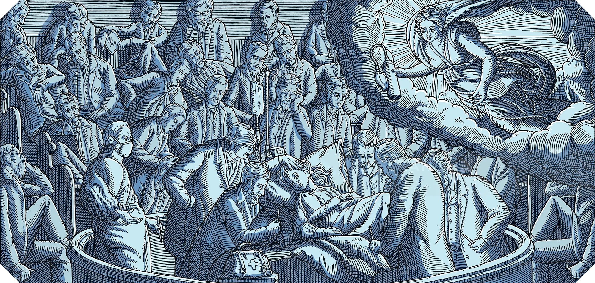 Historical anatomy lesson with doctors examining a cadaver