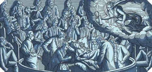 Historical anatomy lesson with doctors examining a cadaver
