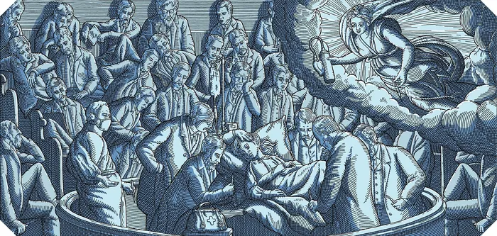 Historical anatomy lesson with doctors examining a cadaver