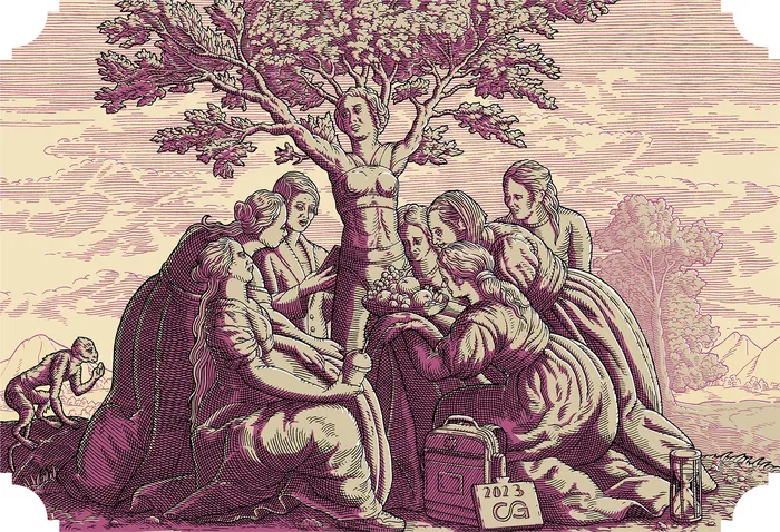 Engraving of women gathered around a tree with a treewoman figure