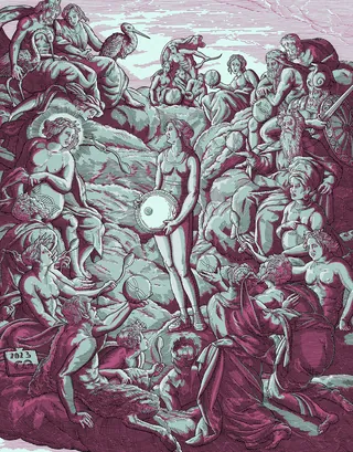 Renaissance-style engraving of mythological figures gathered around central figure