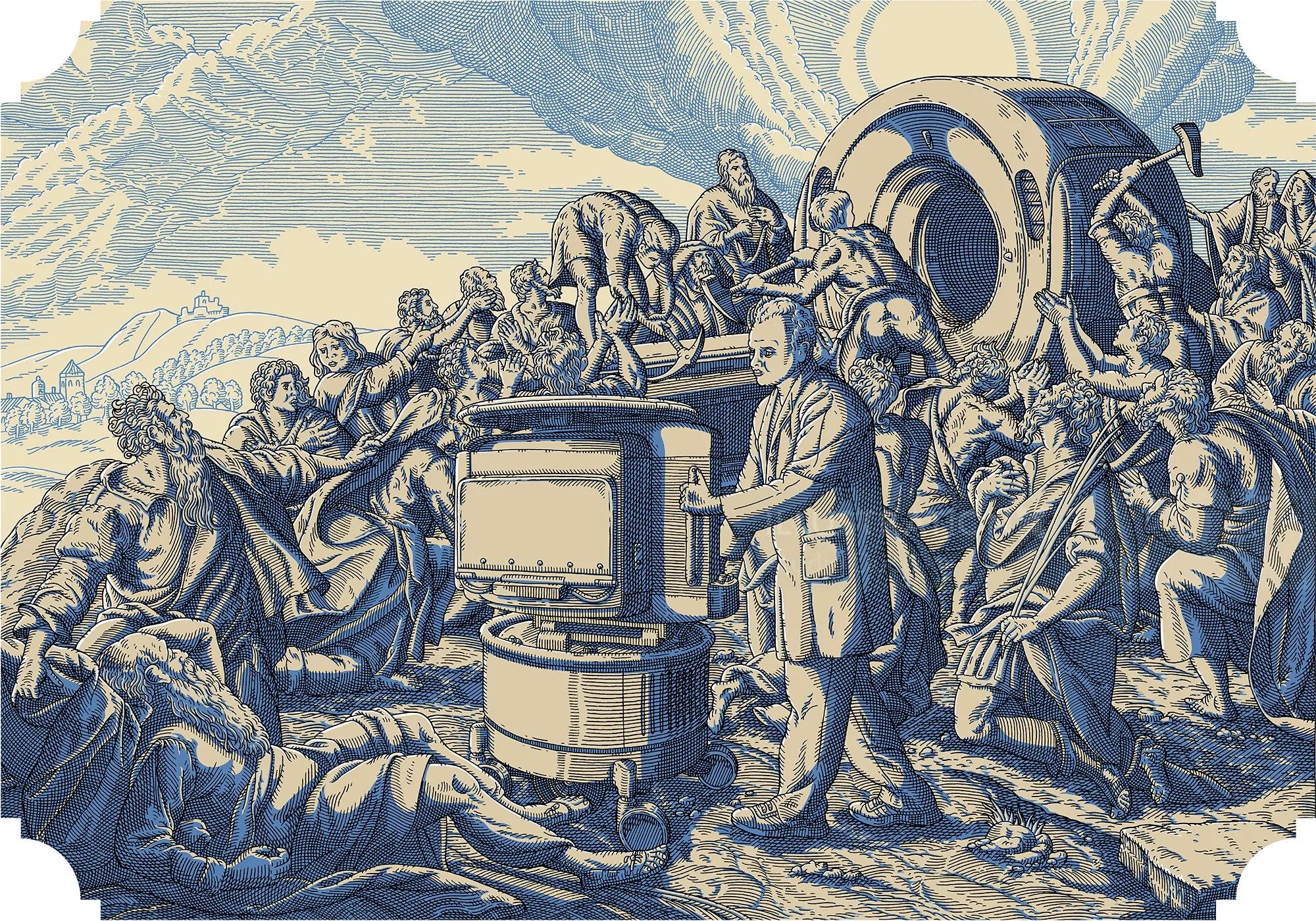 Renaissance-style art blending medical MRI scan with biblical figures
