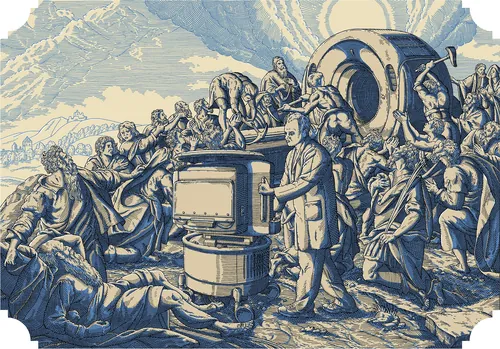 Renaissance-style art blending medical MRI scan with biblical figures