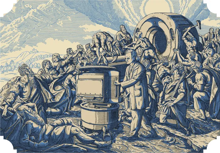 Renaissance-style art blending medical MRI scan with biblical figures