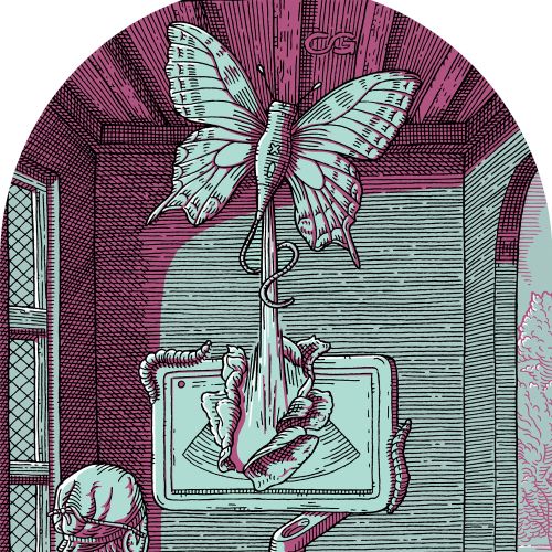 Pregnant woman undergoing ultrasound with butterfly and fetus illustration
