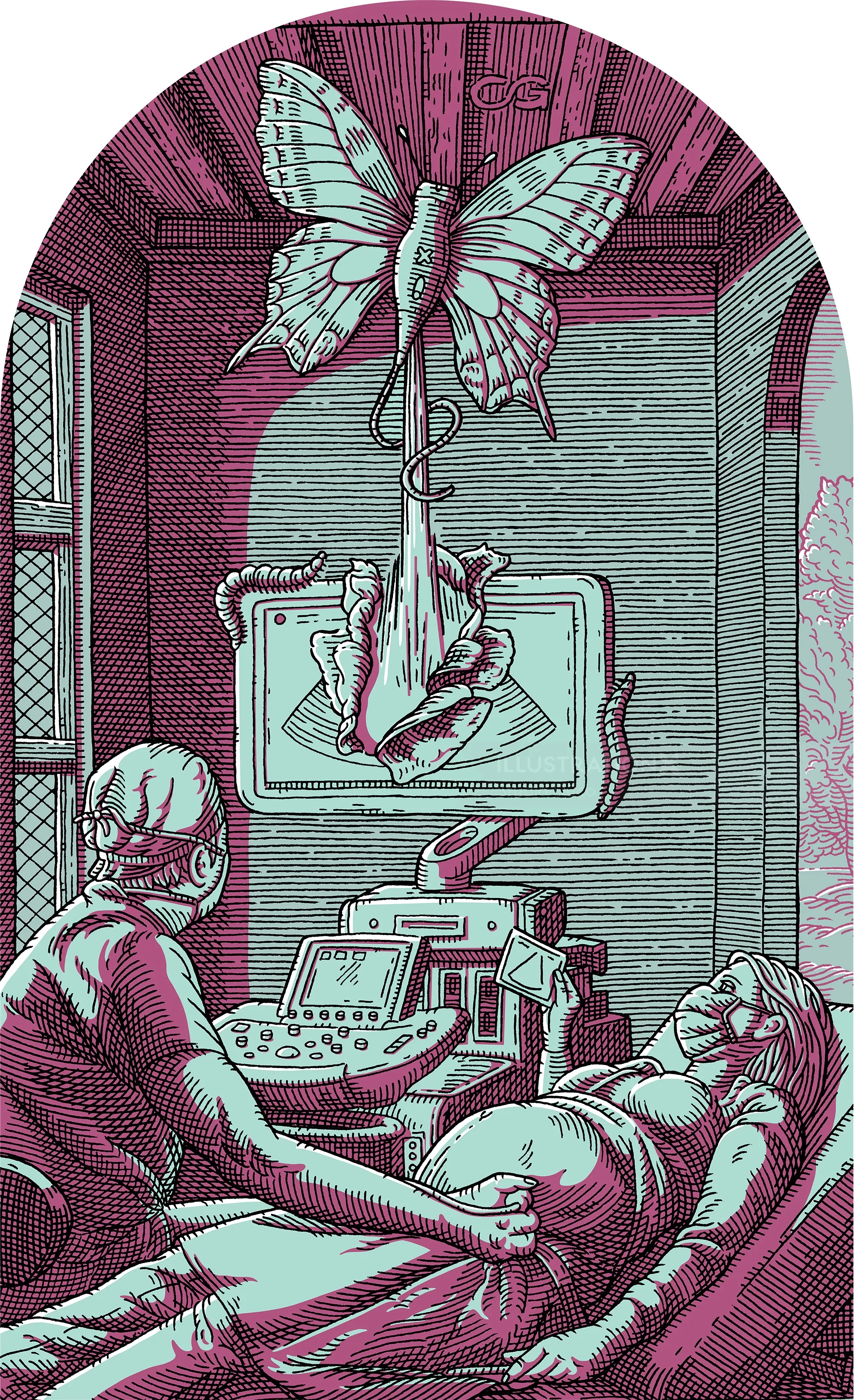 Pregnant woman undergoing ultrasound with butterfly and fetus illustration