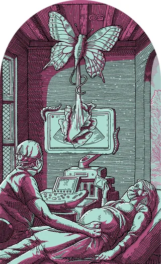 Pregnant woman undergoing ultrasound with butterfly and fetus illustration