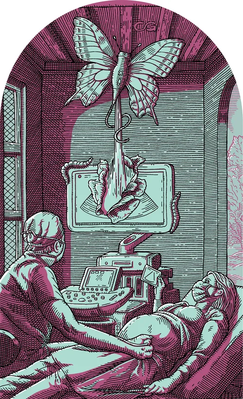 Pregnant woman undergoing ultrasound with butterfly and fetus illustration