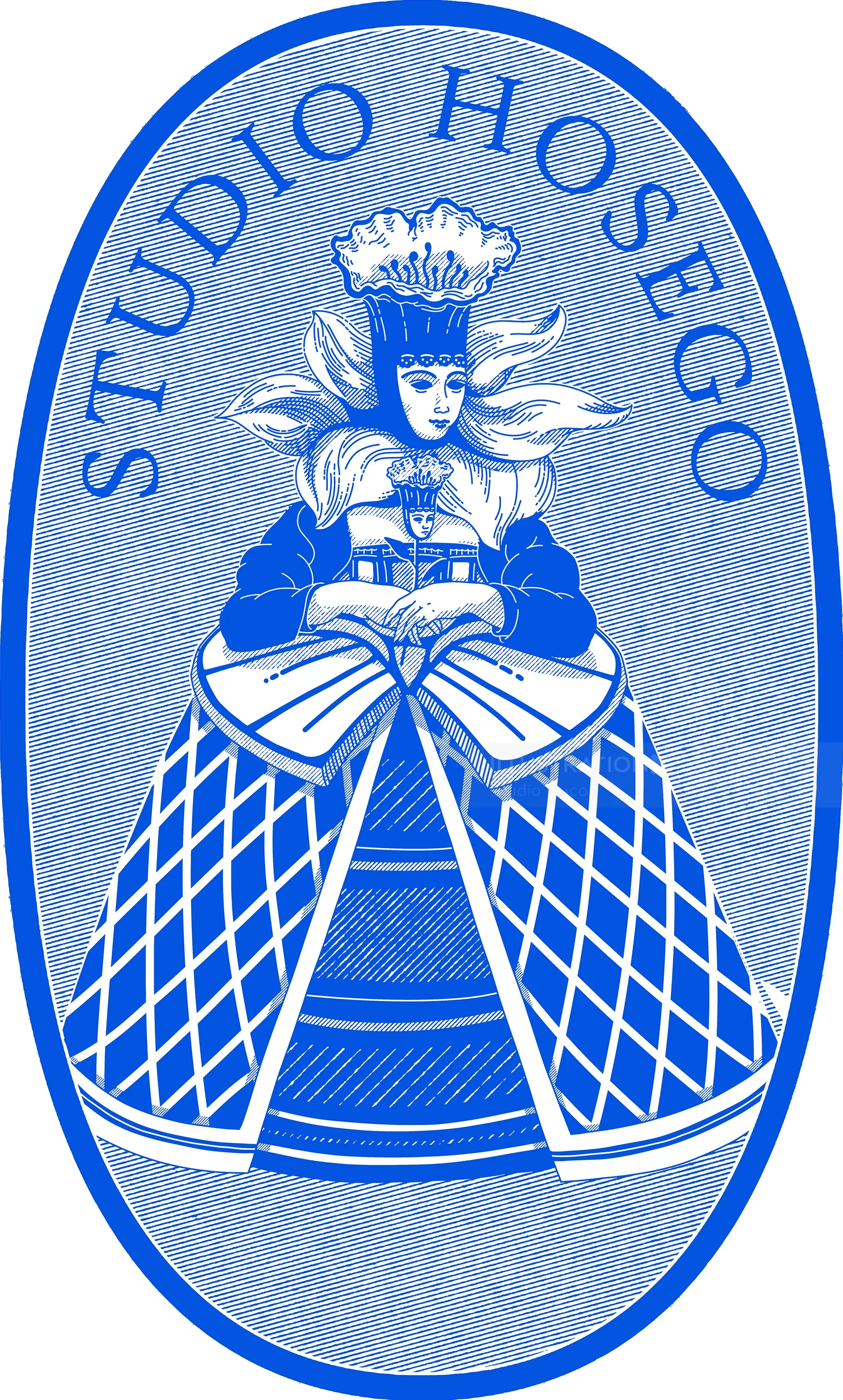 Blue and white Delft-style illustration of a woman with flower head