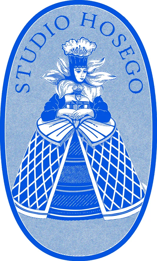 Blue and white Delft-style illustration of a woman with flower head