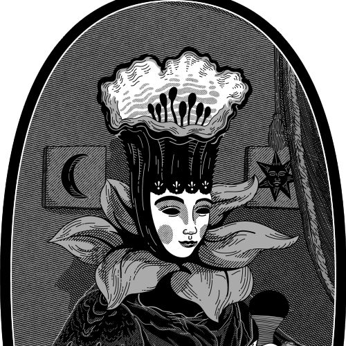 Victorian-style figure with flower crown holding book and bottle