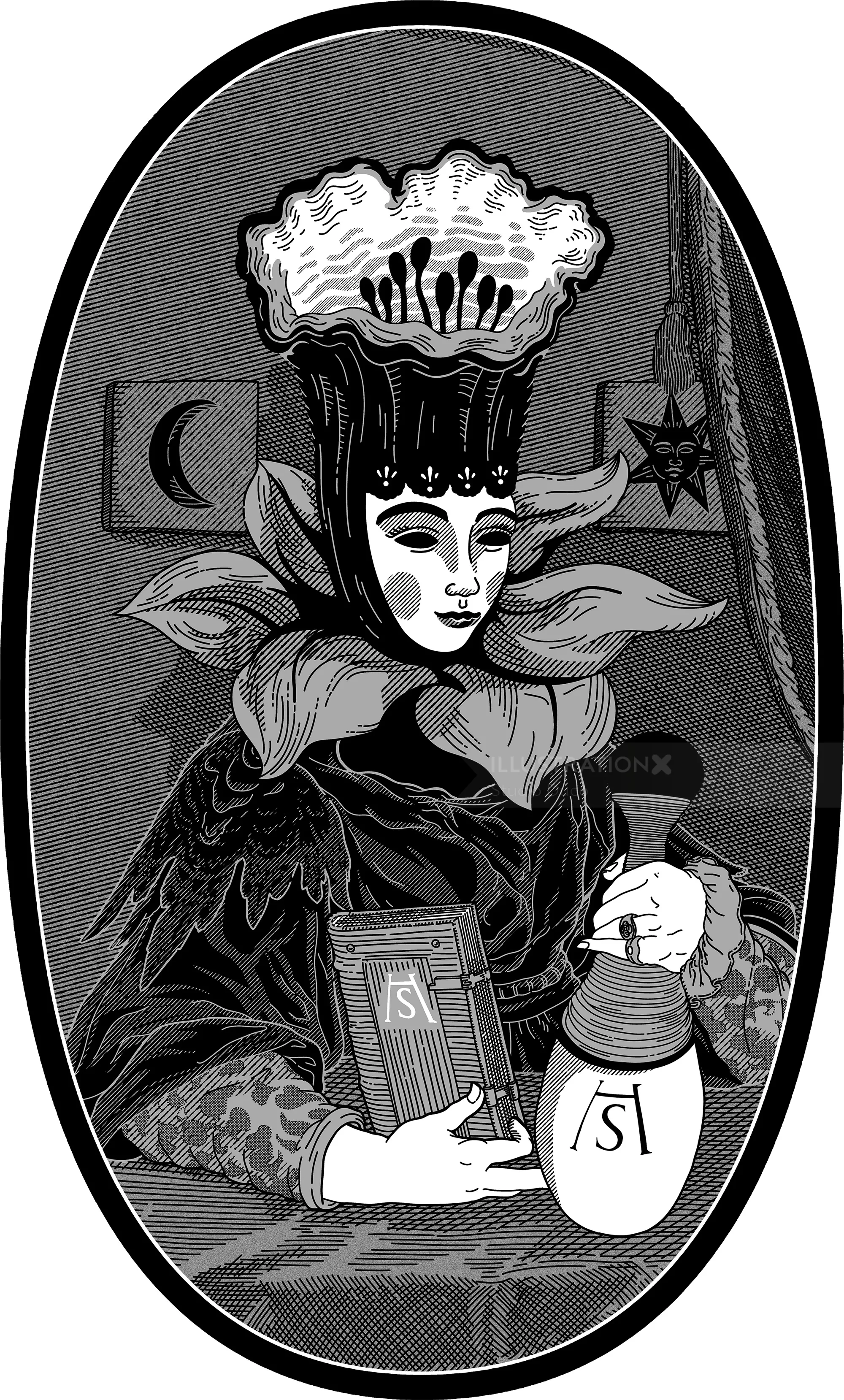Victorian-style figure with flower crown holding book and bottle