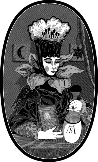 Victorian-style figure with flower crown holding book and bottle