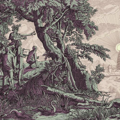 Engraving of people watching a glowing tower in a forested landscape