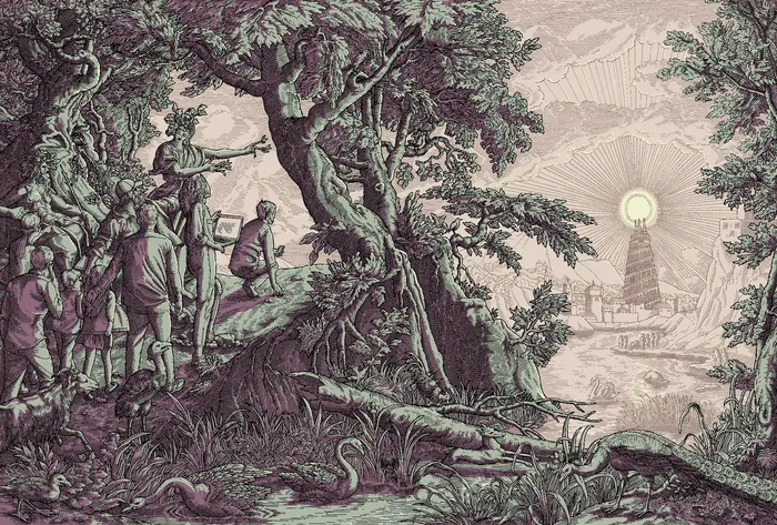 Engraving of people watching a glowing tower in a forested landscape