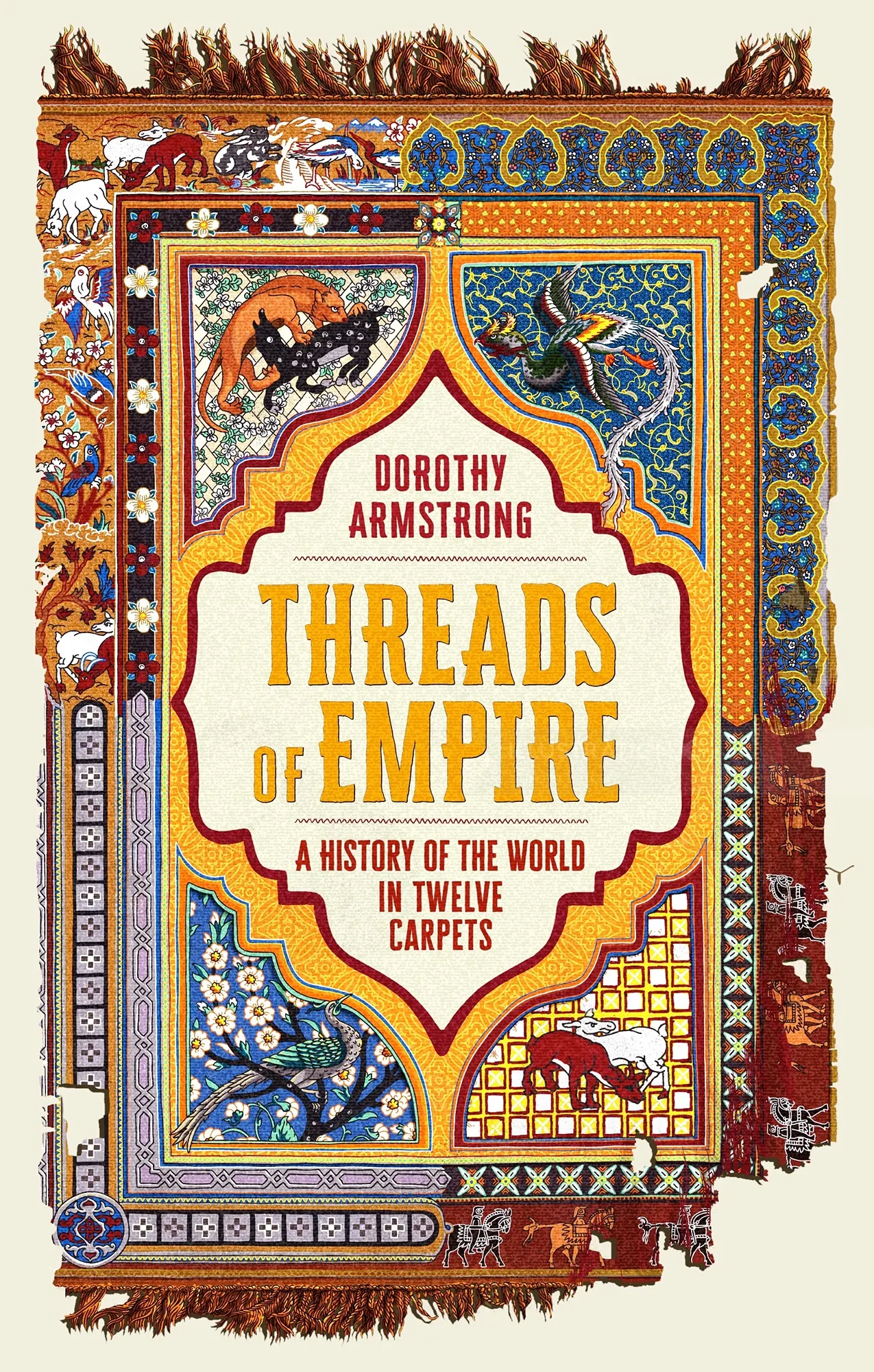 Ornate book cover for Threads of Empire with intricate carpet designs