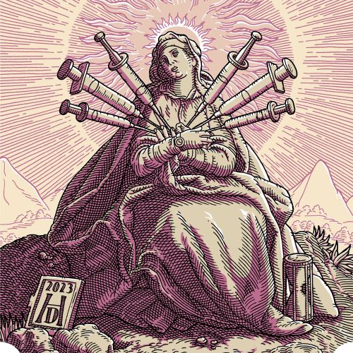 Saint Mary pierced by large syringes with radiant halo