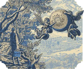 Engraving style image of angels holding AI symbol above city