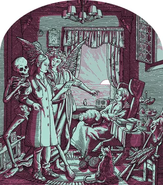 Renaissance-style engraving of death visiting an elderly woman at home