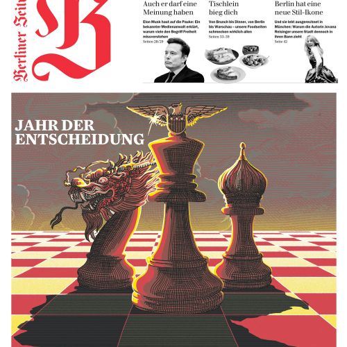 Chess pieces symbolizing Germany's economic future among China, USA, and Russia