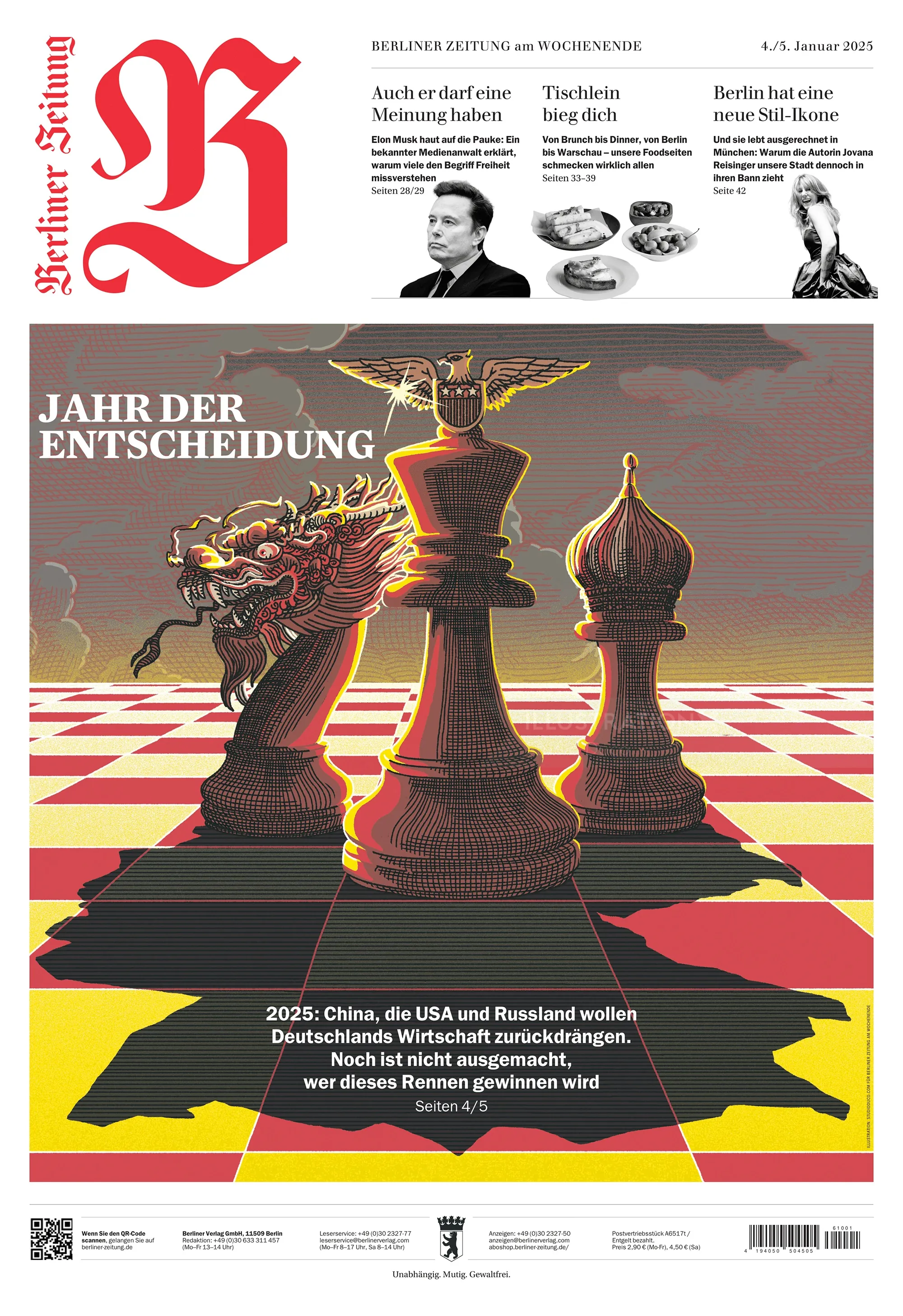Chess pieces symbolizing Germany's economic future among China, USA, and Russia