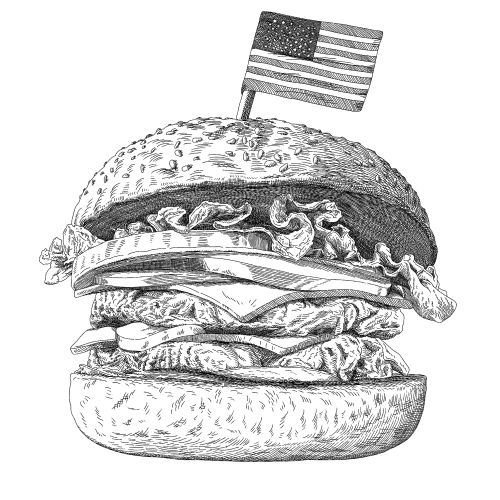 Etching style burger illustration with American flag on top