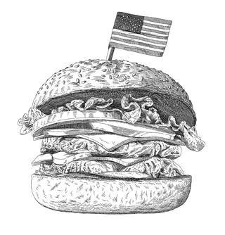 Etching style burger illustration with American flag on top