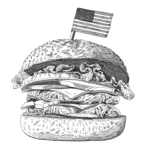 Etching style burger illustration with American flag on top