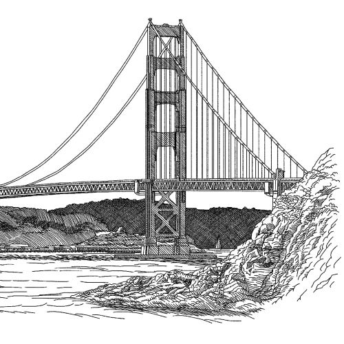Black and white etching of the Golden Gate Bridge over water
