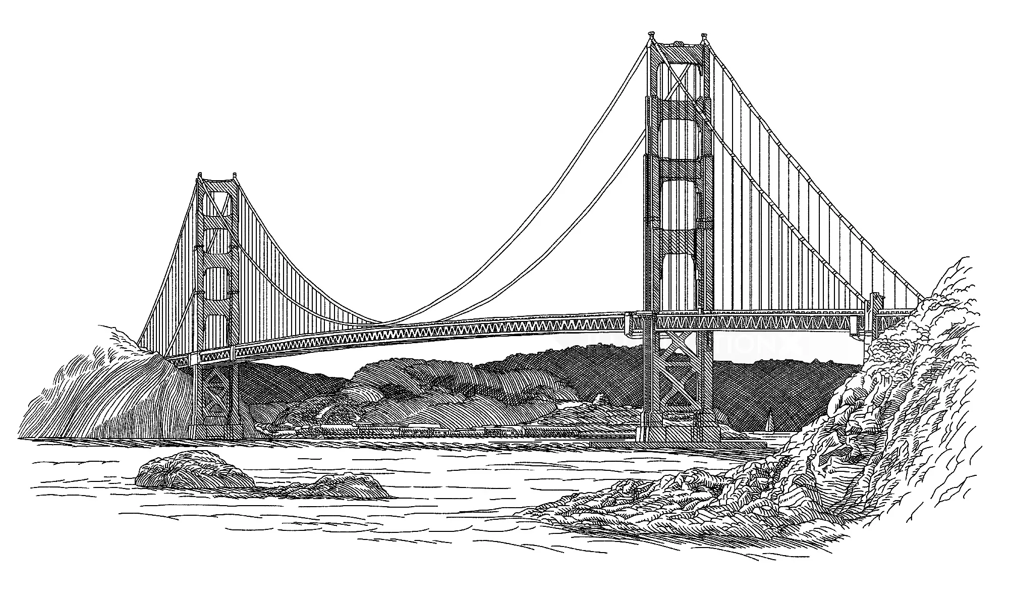 Black and white etching of the Golden Gate Bridge over water