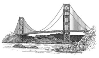 Black and white etching of the Golden Gate Bridge over water