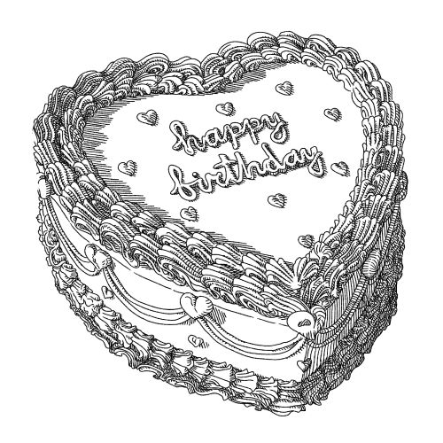 Black and white heart-shaped birthday cake with happy birthday text