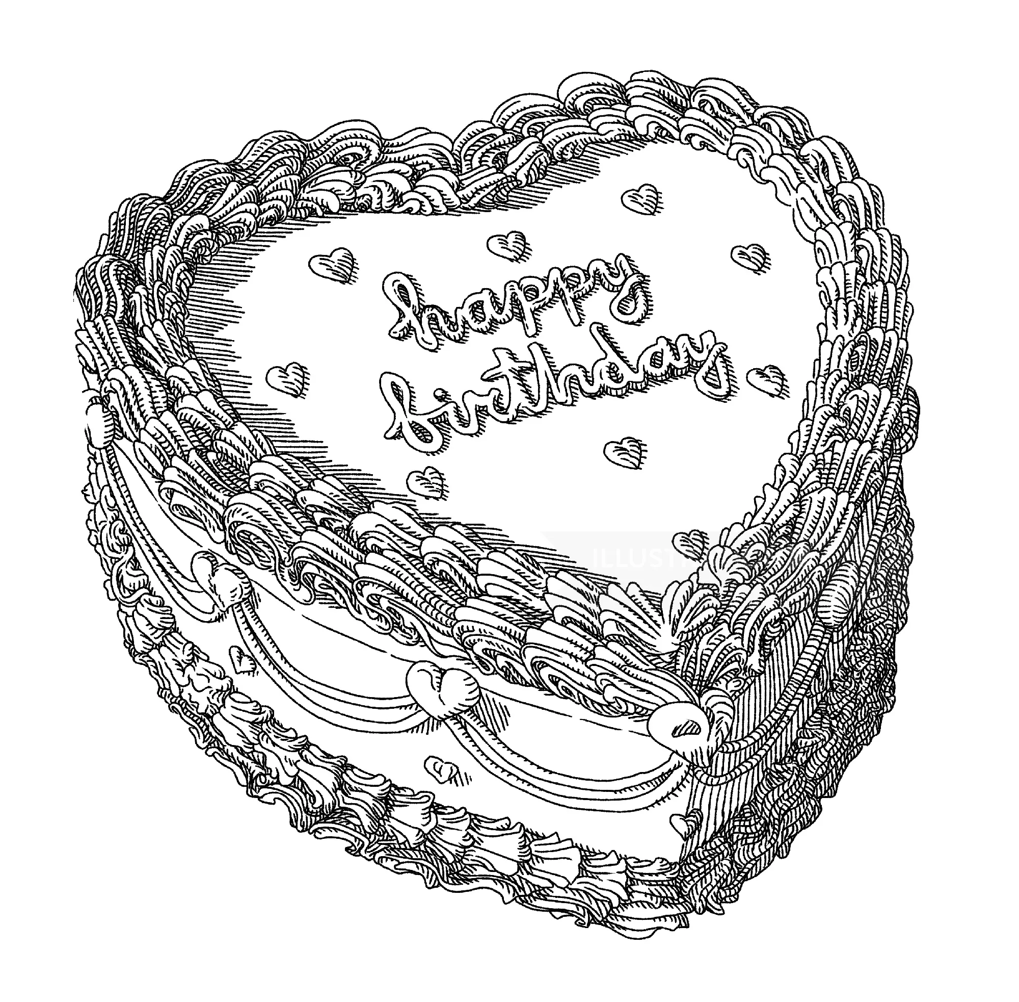 Black and white heart-shaped birthday cake with happy birthday text