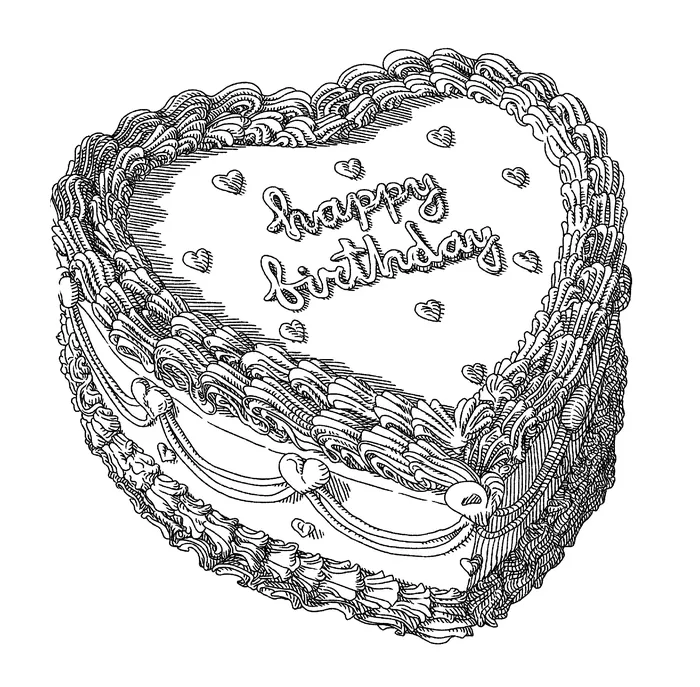 Black and white heart-shaped birthday cake with happy birthday text