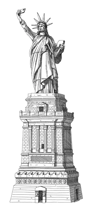Etching style illustration of the Statue of Liberty