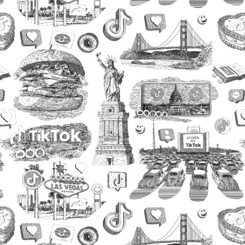 Black and white TikTok-themed toile pattern with landmarks and symbols