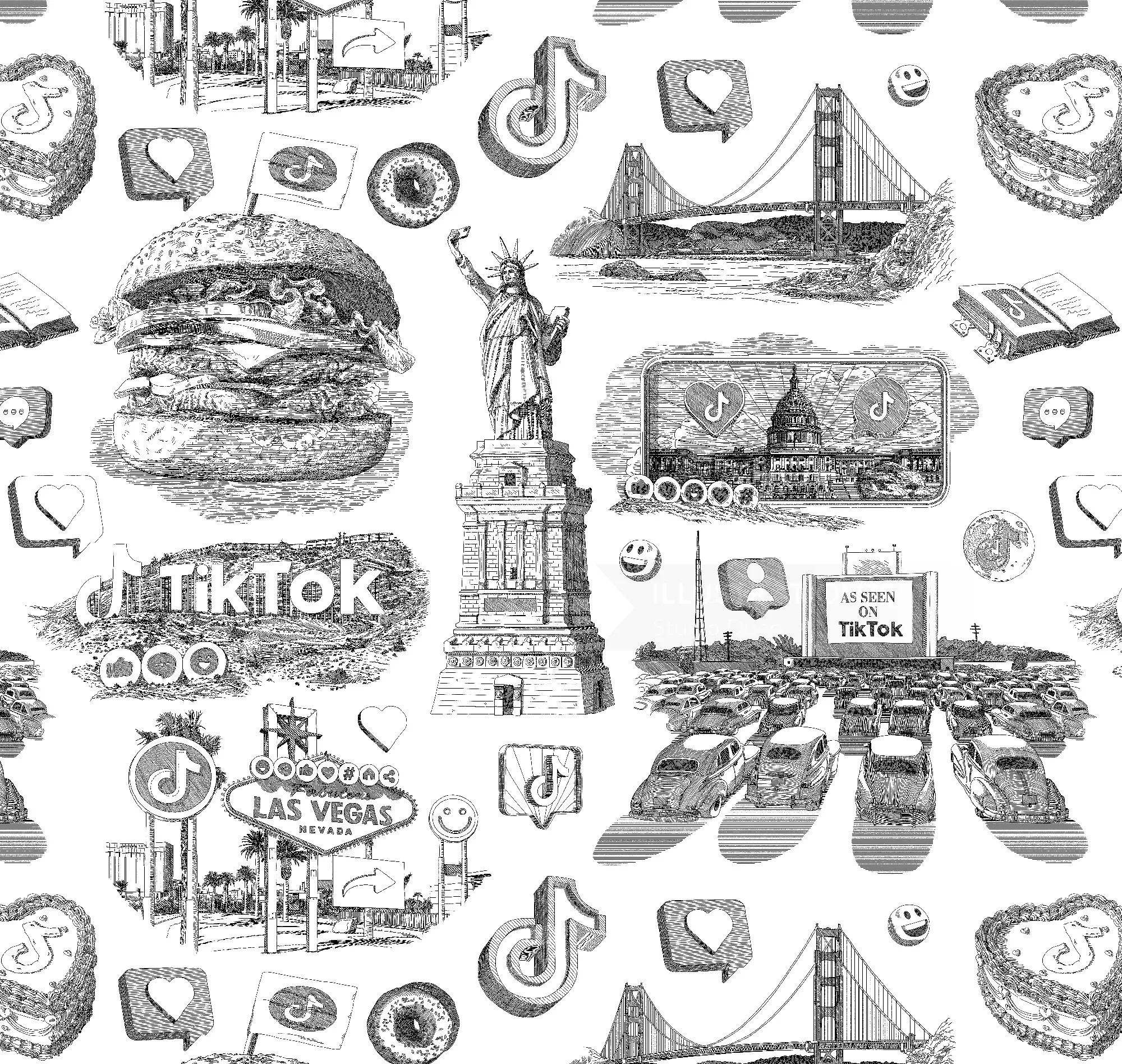 Black and white TikTok-themed toile pattern with landmarks and symbols