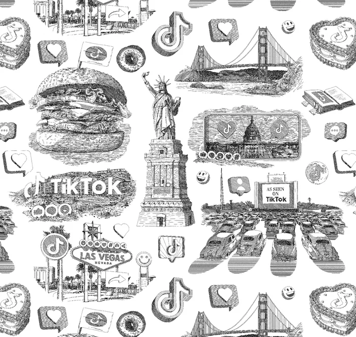 Black and white TikTok-themed toile pattern with landmarks and symbols