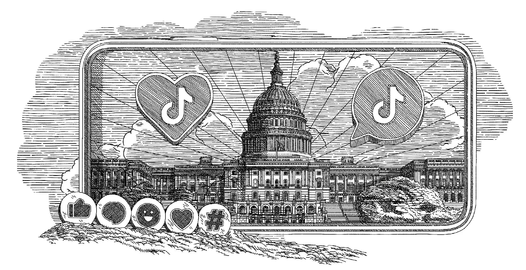 Etching of US Capitol with TikTok logos in speech bubbles