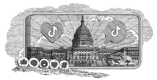 Etching of US Capitol with TikTok logos in speech bubbles