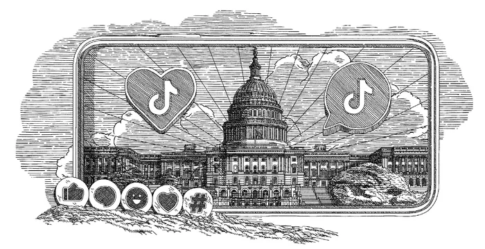 Etching of US Capitol with TikTok logos in speech bubbles