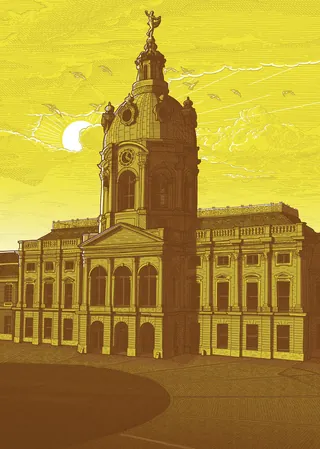Illustration of Charlottenburg Castle tower under yellow sky