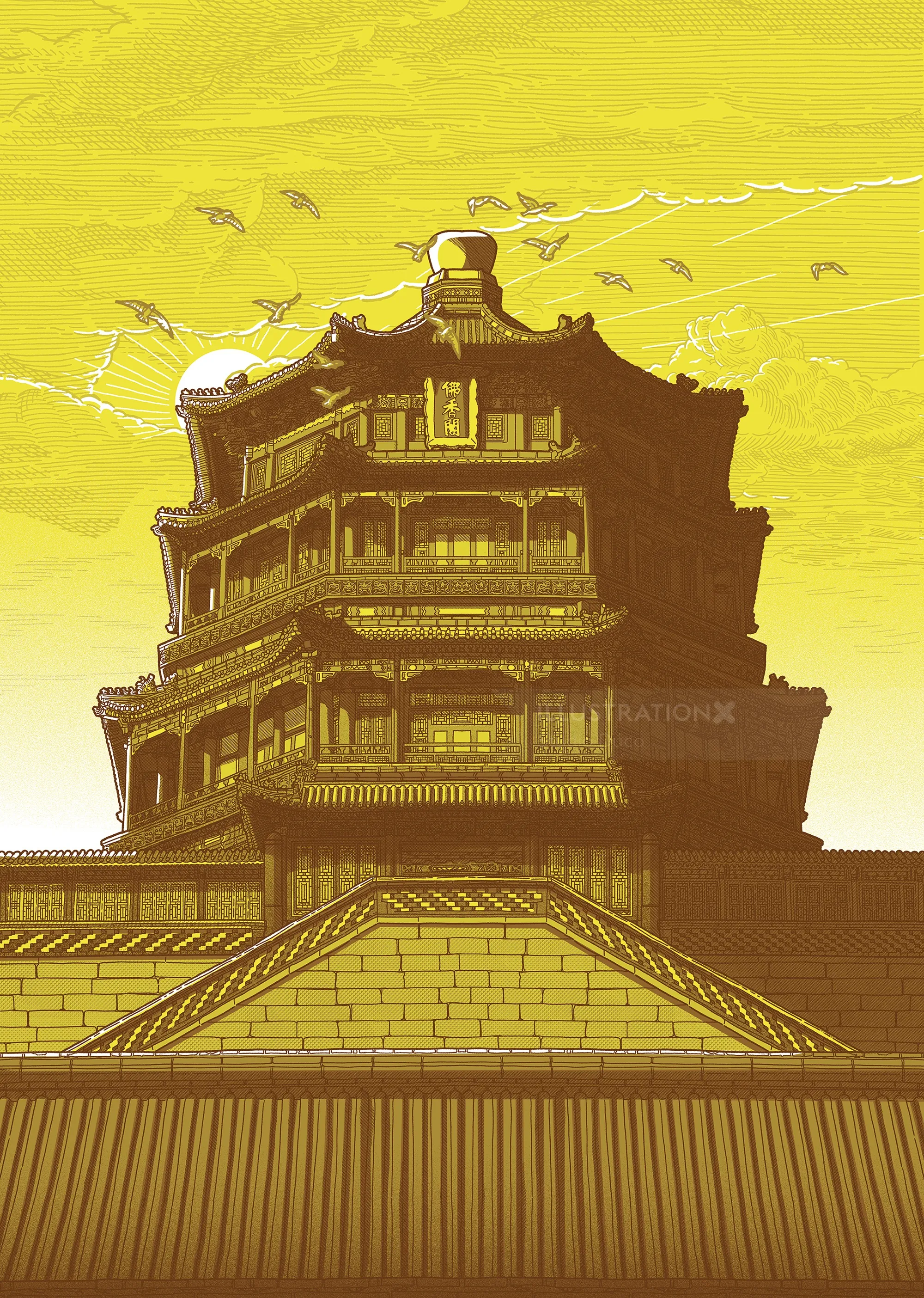 Traditional multi-tiered Chinese palace tower under yellow sky